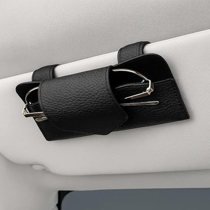 Sunglass Holder for Car Visor, Leather Vehicle Eyeglass Sun Visor Hanger Case with Hidden Magnetic Closure, Automotive Glasses Storage Organizer, Universal for SUV RV Truck (Black)
