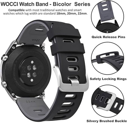 WOCCI 21mm Bicolor Watch Band, Silicone Rubber, Quick Release Replacement Strap for Men and Women, Silver Stainless Steel Buckle (Black-Grey)