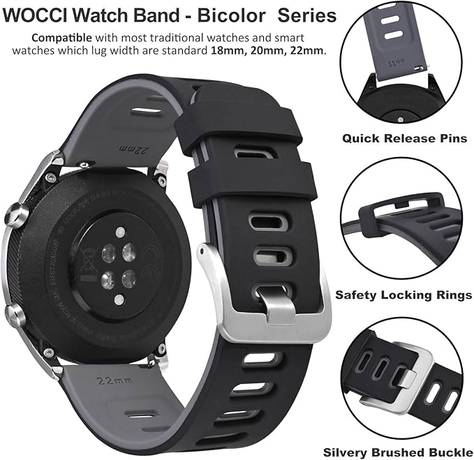 WOCCI 22mm Bicolor Watch Band, Silicone Rubber, Quick Release Replacement Strap for Men and Women, Silver Stainless Steel Buckle (Black-Grey)