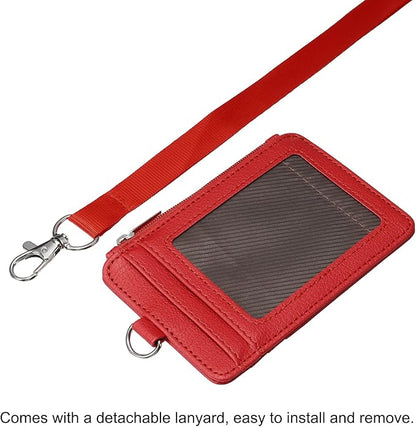 MECCANIXITY ID Badge Holders with Lanyard, Vertical PU Leather 5 Card Slots Zipper Portable Wallet Clear Window for Office, Red