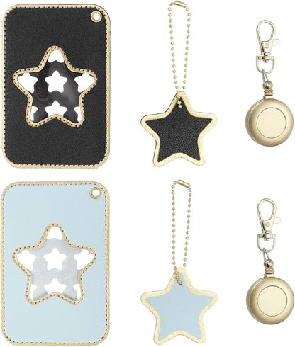 PATIKIL Retractable Badge Holders, 2 Pcs Cute Leather ID Holder with Badge Reels Keychain ID Card Clip Protector Cover for Women Work Office Business Trip, Light Blue/Black