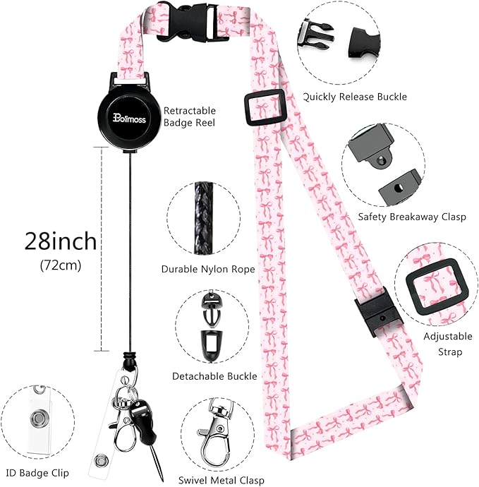 bolimoss Pink Bow Lanyard with ID Holder, Cute Leather ID Name Badge Card Holder with Adjustable Retractable Lanyards, Breakaway Lanyards with Swivel Metal Clasp for Women Nurse Teacher