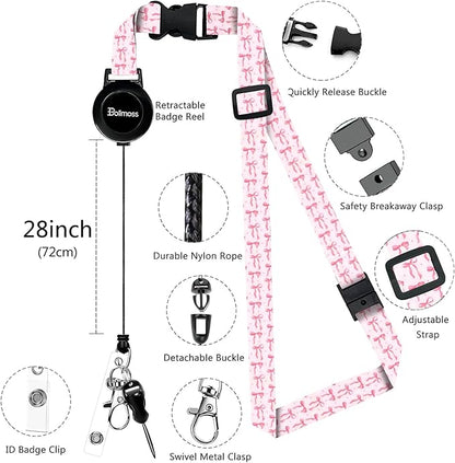 bolimoss Pink Bow Lanyard with ID Holder, Cute Leather ID Name Badge Card Holder with Adjustable Retractable Lanyards, Breakaway Lanyards with Swivel Metal Clasp for Women Nurse Teacher