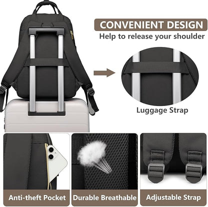 Laptop Backpack for Women Work Bag - 15.6 inch Travel Backpack Purse with USB Charger College Bookbag Waterproof Cute Casual Daypack Fashion Business Computer Backpacks for Teacher Nurse Black