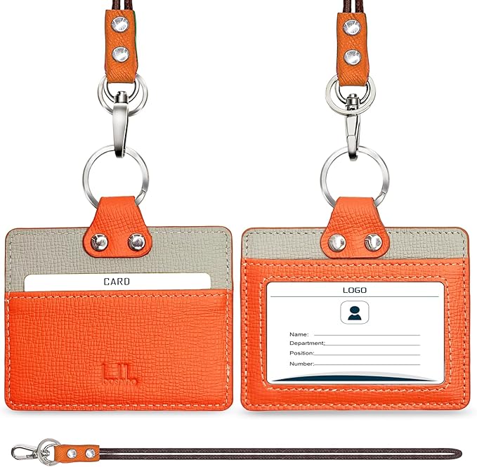 Badge Holder: Boshiho Cowhide Leather ID Badge Card Holder with 19" Neck Lanyard, Horizontal Style (Orange)
