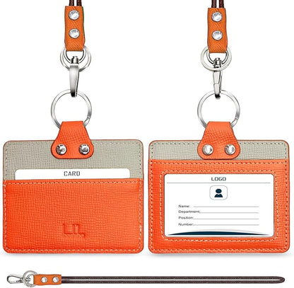 Badge Holder: Boshiho Cowhide Leather ID Badge Card Holder with 19" Neck Lanyard, Horizontal Style (Orange)