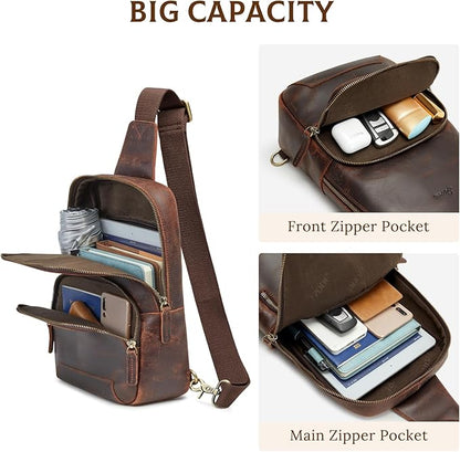 S-ZONE Sling Bag for Men Women RFID Blocking Genuine Leather Crossbody Shoulder Bag Backpack Hiking Daypack Travel | RFID Blocking, Genuine Leather, Hiking Daypack, Travel