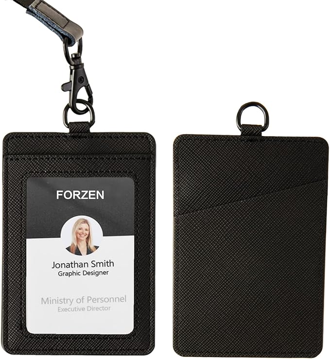 Badge Holders,Leather ID Badge Holder,Vertical Leather ID Badge Card Holder with 1 Clear ID Window and 1 Detachable Neck Lanyard for Offices ID,School ID (Black)