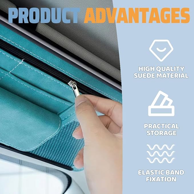 Car Sun Visor Organizer, Leather Vehicle Visor Card License Storage Pouch with Glasses Holder, Multifunctional Auto Interior Sunshade Document Pocket Organizer, Universal for Vehicles (Blue)