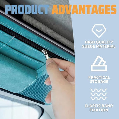 Car Sun Visor Organizer, Leather Vehicle Visor Card License Storage Pouch with Glasses Holder, Multifunctional Auto Interior Sunshade Document Pocket Organizer, Universal for Vehicles (Blue)