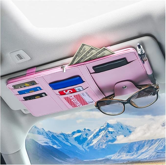 XINLIYA Car Sun Visor Organizer, Leather Storage Pocket Sun Visor Pouch with Zipper for Cards License Registration Pen Glasses Document, Fits Most Car SUV, Auto Interior Accessories (Pink)