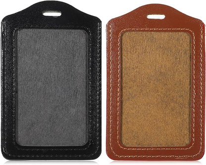 2 Pack Vertical Leather ID Badge Holder, Double-Sided Clear Window Card Protector Pouch, Waterproof Name Badge Holder for Office Staff Students School ID Credit Cards, Black Brown