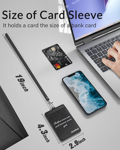 Carbon Fiber Work ID Card Holder with Lanyard is a Stylish and Durable Card Holder with Dual Card Capacity, Clear Display Window and Privacy Back Pocket (Black Customized)