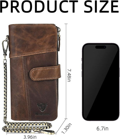 Genuine Crazy Horse Leather Travel Gift Coin Pocket Card Case Long Organizer Chain Rfid Wallet Purse With Snap For Men Male 1803 1815 (1803 Light Brown)