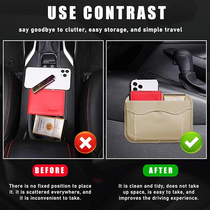 povtii Car Seat Side Pocket Organizer, PU Leather Cell Phone Sunglasses Storage Pocket, Mini Seat Gap Filler Pouch for Auto Seat Door Window Console, Interior Car Accessories (Beige)