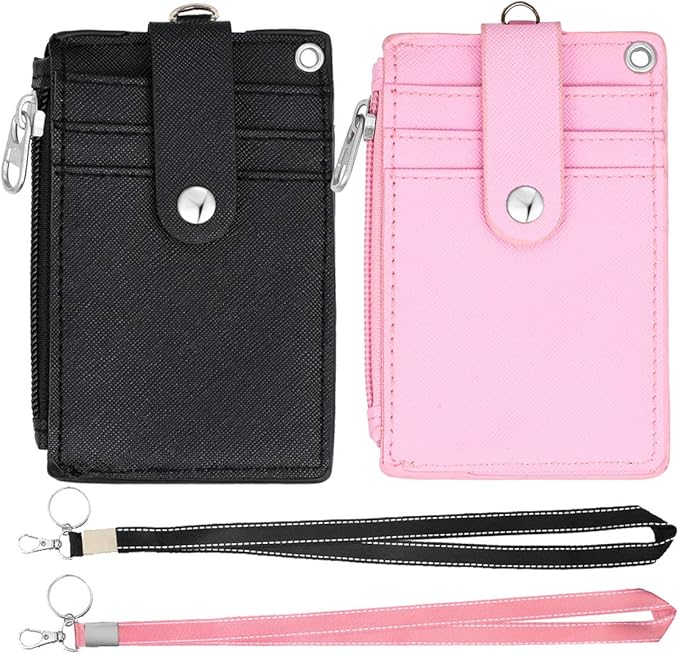 HASFINE 2 Pack ID Badge Holder with Lanyard,2 Sided 5 Card Slots ID Card Holder Wallet with PU Leather Zipper Pocket and Detachable Keychain Lanyard for Teens Men Women(Black & Pink)