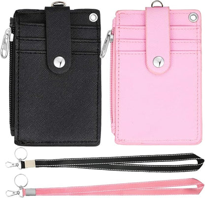 HASFINE 2 Pack ID Badge Holder with Lanyard,2 Sided 5 Card Slots ID Card Holder Wallet with PU Leather Zipper Pocket and Detachable Keychain Lanyard for Teens Men Women(Black & Pink)
