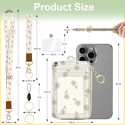 Cut Floral Lanyard for Id Badges,Leather with ID Badge Holder Wallet,Slim Credit Card Holder with Zipper Pocket Phone Lanyard Wallet for Women,Office,School,Teachers,Nurses