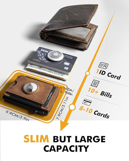 IW Slim Airtag Wallet for Men: Pop Up Bifold Wallet with Detachable Money Clip ID Window for Air Tag(1st & 2nd Generation) - RFID Blocking for 8-10 Cards Cash - Gift Box Included (Light Brown)