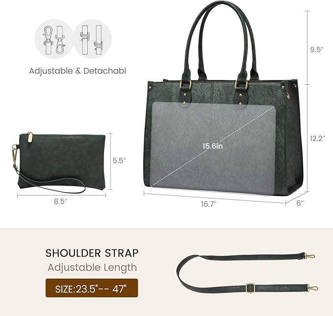 LOVEVOOK Laptop Tote Bag for Women, 15.6 Inch Large Capacity Vintage Leather Work Computer Bag, Business Casual Shoulder Handbag, Green Embossed