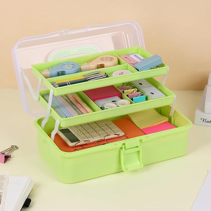 Small Toolbox with Handle, Tackle Box 3-Layer Craft Organizers, Portable Folding Plastic Tool Box for Sewing Supplies, Medicine, Art Supplies, Nails and Hair Accessories(Green)