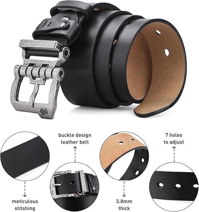BISON DENIM Men's Belts Leather Dress Genuine Leather Classic Heavy Duty Buckle Belt Casual for Jeans