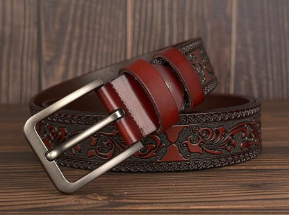 Men's Casual Genuine Leather Jeans Belts Vintage Leather Engraved Strap with Single Prong Buckle