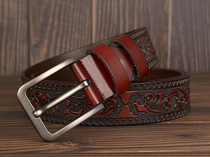 Men's Casual Genuine Leather Jeans Belts Vintage Leather Engraved Strap with Single Prong Buckle