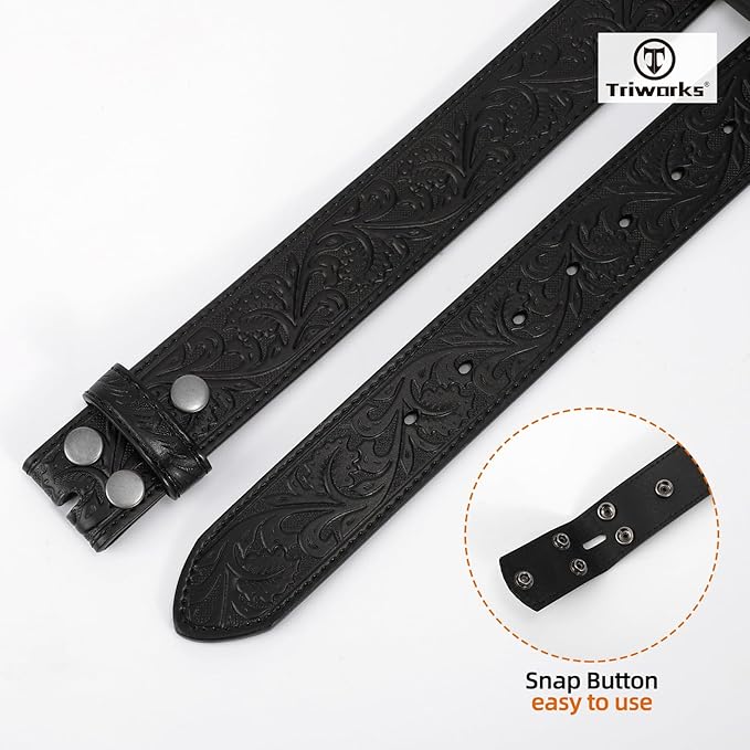 TRIWORKS Western Belt Strap for Men without Buckle 1.5" Wide Floral Engraved Embossed Leather Belt Strap