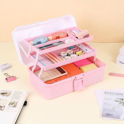 Hair Accessories Organizer, Tackle Box Craft Storage Portable Folding Toolbox, Plastic Tool Box with Handle for Sewing Supplies, Medicine, Art Supplies, Nails Accessories 12.5inch Dusty Pink