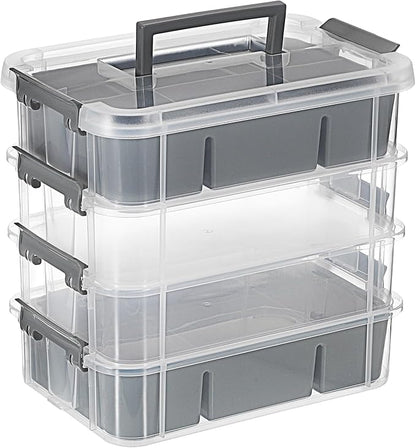 JUXYES 4-Tiers Stack Carry Storage Box With 2 Divided Tray, Transparent Stackable Storage Bin With Handle Lid Latching Storage Container for School & Office Supplies, Gray