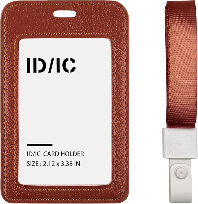 Leather ID Badge Holder with Lanyard for Women and Men, Vertical ID Card Holder, 2 Card Slots, 20 Inch Neck Lanyard for Work, School, Office