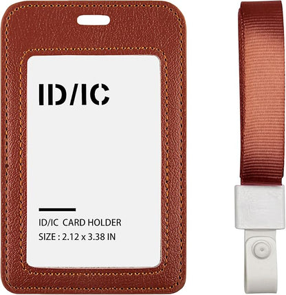 Leather ID Badge Holder with Lanyard for Women and Men, Vertical ID Card Holder, 2 Card Slots, 20 Inch Neck Lanyard for Work, School, Office