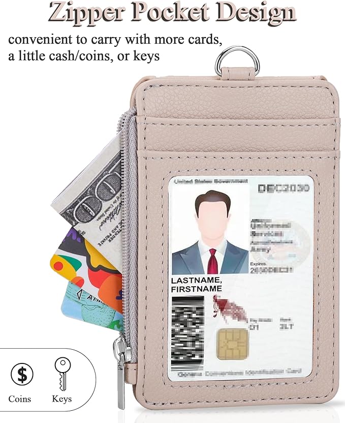 Teskyer Badge Holder with Side Zip Pocket, Multiple Card Slots Leather ID Holder Wallet with Neck Lanyard for Office Staffs, Teachers/Students, Workers, Cruise Cards, Bus/Metro Cards, Lichee Beige