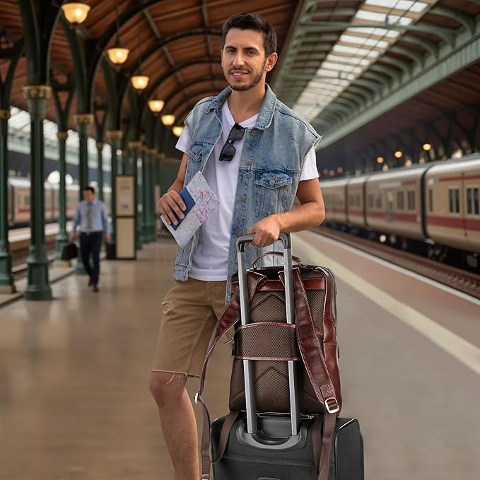 Banuce Full Grain Italian Leather Backpack for Men Laptop Backpack for Business Work Travel with Luggage Strap and Adjustable Strap Vintage Brown