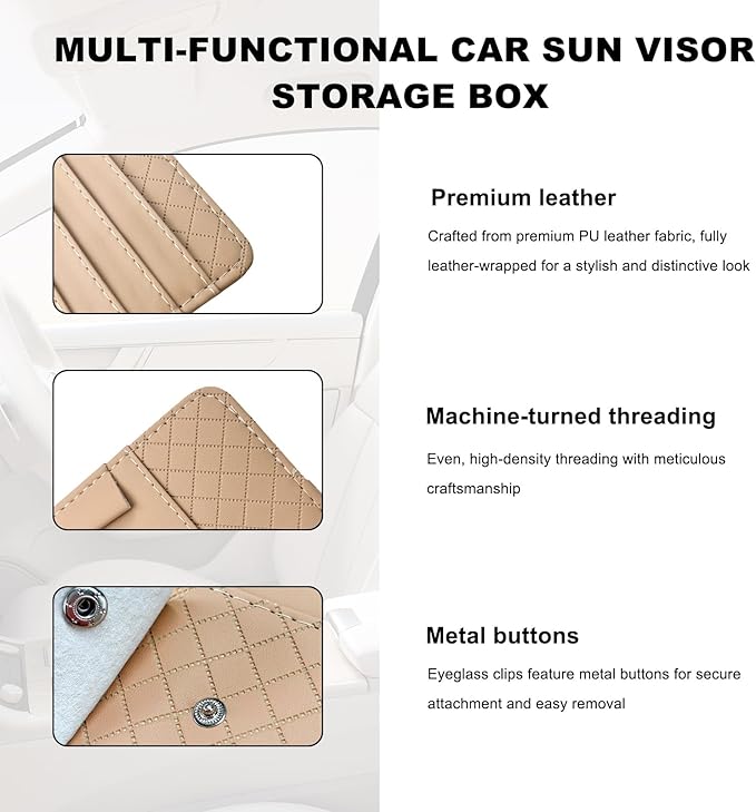 Sun Visor CD Case Holder for Car, Leather Auto Visor DVD Storage Case with Card Slots & Pen Holder, Multi-Pocket Large Capacity CD Layered Organizer for Most Vehicles (Beige)