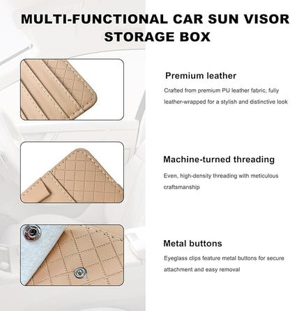 Sun Visor CD Case Holder for Car, Leather Auto Visor DVD Storage Case with Card Slots & Pen Holder, Multi-Pocket Large Capacity CD Layered Organizer for Most Vehicles (Beige)