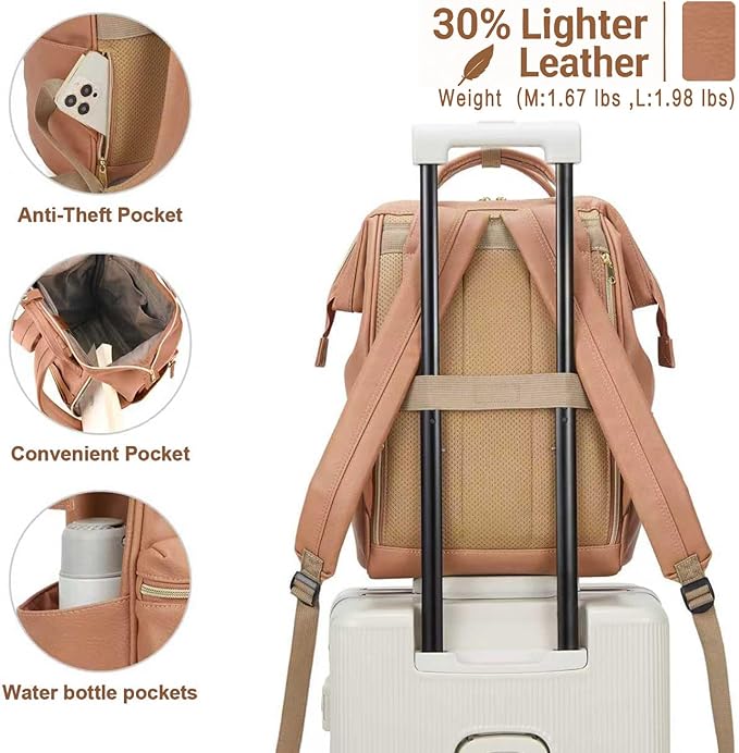 Kah&Kee Leather Laptop Backpack for Women, 14-15 Inch Professional Work Bag, Water-Resistant Vegan Leather Doctor Bag Backpack for Teacher, Nurse & Travel, Fits MacBook Air 15 (Tan Pink,Medium)