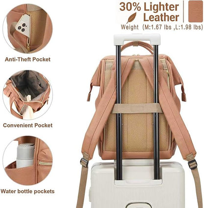 Kah&Kee Leather Laptop Backpack for Women, 14-15 Inch Professional Work Bag, Water-Resistant Vegan Leather Doctor Bag Backpack for Teacher, Nurse & Travel, Fits MacBook Air 15 (Tan Pink,Medium)