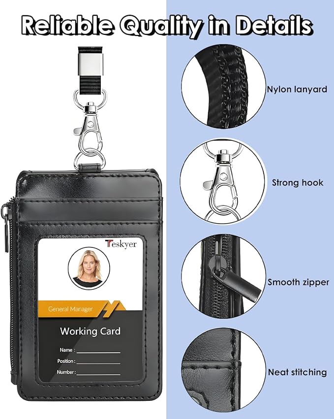 Teskyer ID Badge Holder with Lanyard, 1 Zip Pocket and 4 Card Slots, Lanyard ID Card Holder Wallet for Office School Work Badges, Cruise Ship Cards, Pass Cards - Black