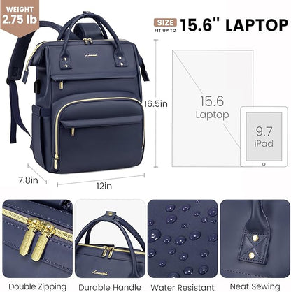 LOVEVOOK Leather Laptop Backpack for Women 15.6 inch,Travel Backpack Purse Nurse Teacher Backpack Computer Laptop Bag,Professional College Business Work Bag Carry On Backpacks with USB Port,Dark Blue
