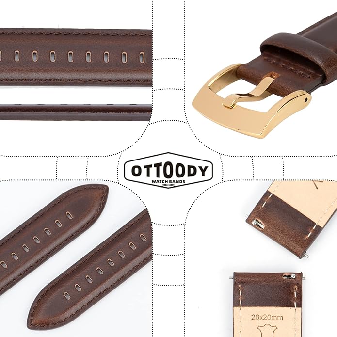 OTTOODY Leather Watch Bands Quick Release, Elegant Top Grain Leather Watch Straps for Men & Women, Choice of Color & Width - 18mm, 19mm, 20mm, 21mm or 22mm Wristbands Bracelet for Watch & Smartwatch