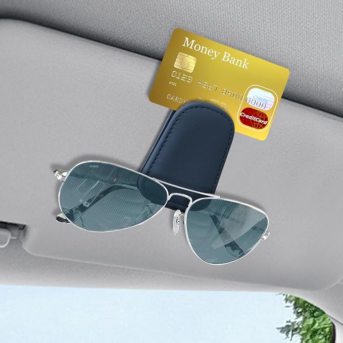 Sunglass Holder for Car, Sunglasses Clip for Car Visor, Magnetic Leather Vehicle Eyeglass Hanger Clip, Auto Ticket Card Glasses Organizer Clamp Accessories for SUV Sedan (Blue)