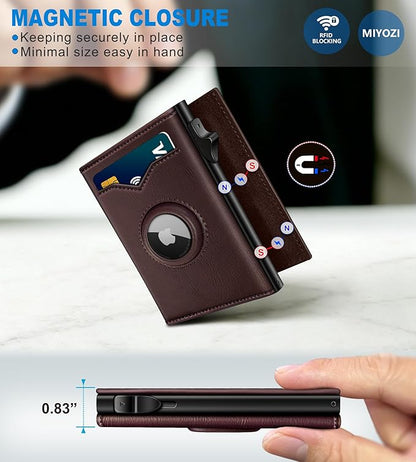 miyozi Airtag Wallet for Men,with Cash Pocket 2 ID Window 9-12 Cards,Metal Case Smart Slim Pop Up Credit Card Holder Flip with Magnetic Closure RFID Blocking Trifold wallet with Gift Box