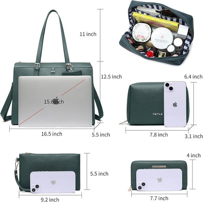 Keyli 4pc Sets Laptop Bag for Women Large Leather Laptop Briefcase with USB Charging Port Computer Shoulder tote Bags Purse