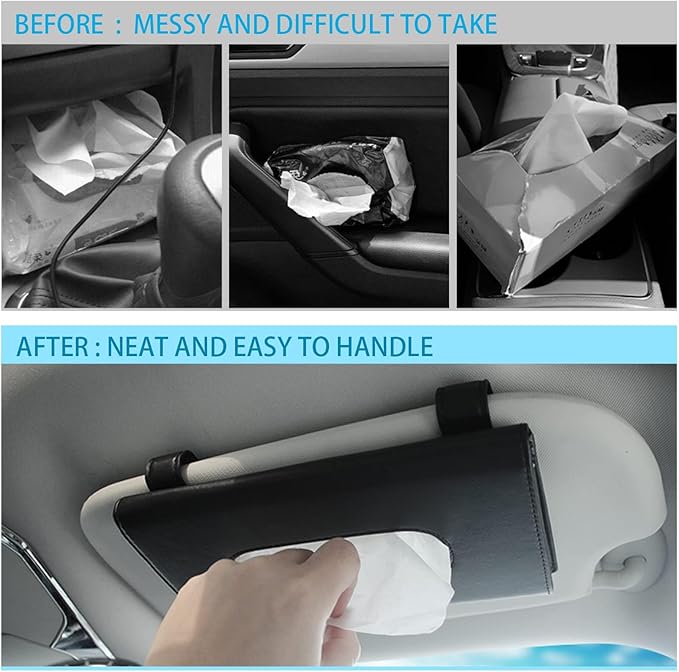 Black Car Tissue Refill Holder for Visor, Car Sun Visor Napkin Paper Storage Holder Box, Hanging Tissue Clip, PU Leather