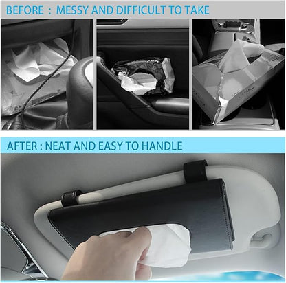 Black Car Tissue Refill Holder for Visor, Car Sun Visor Napkin Paper Storage Holder Box, Hanging Tissue Clip, PU Leather