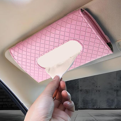 Car Tissue Holder, Leather Tissue Holder for Car Sun Visor, Rectangular Auto Sun Visor Napkin Holder Mask Dispenser, Universal Vehicle Tissue Box Sun Visor Accessory (Plaid-Pink)