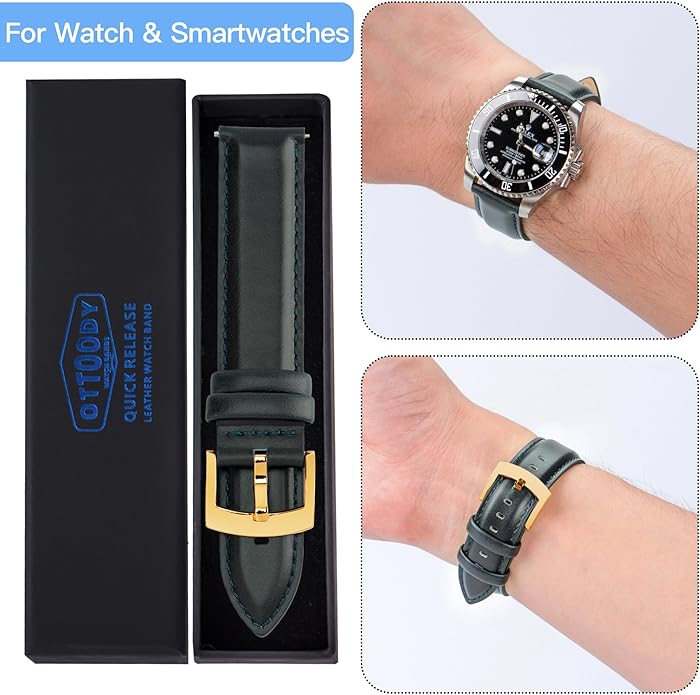 OTTOODY Leather Watch Bands Quick Release, Elegant Top Grain Leather Watch Straps for Men & Women, Choice of Color & Width - 18mm, 19mm, 20mm, 21mm or 22mm Wristbands Bracelet for Watch & Smartwatch