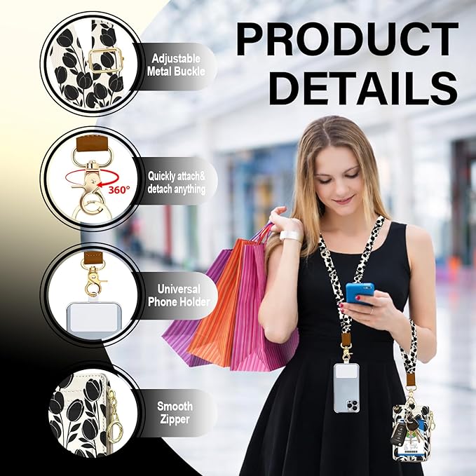 Flower Lanyard Wallet Women, Id Badge Holder with Neck & Wristlet Lanyard, Pu Leather Zipper Id Card Holder with Adjustable Lanyard, Id Badge with RFID Keychain Wallet for Women Office Gifts
